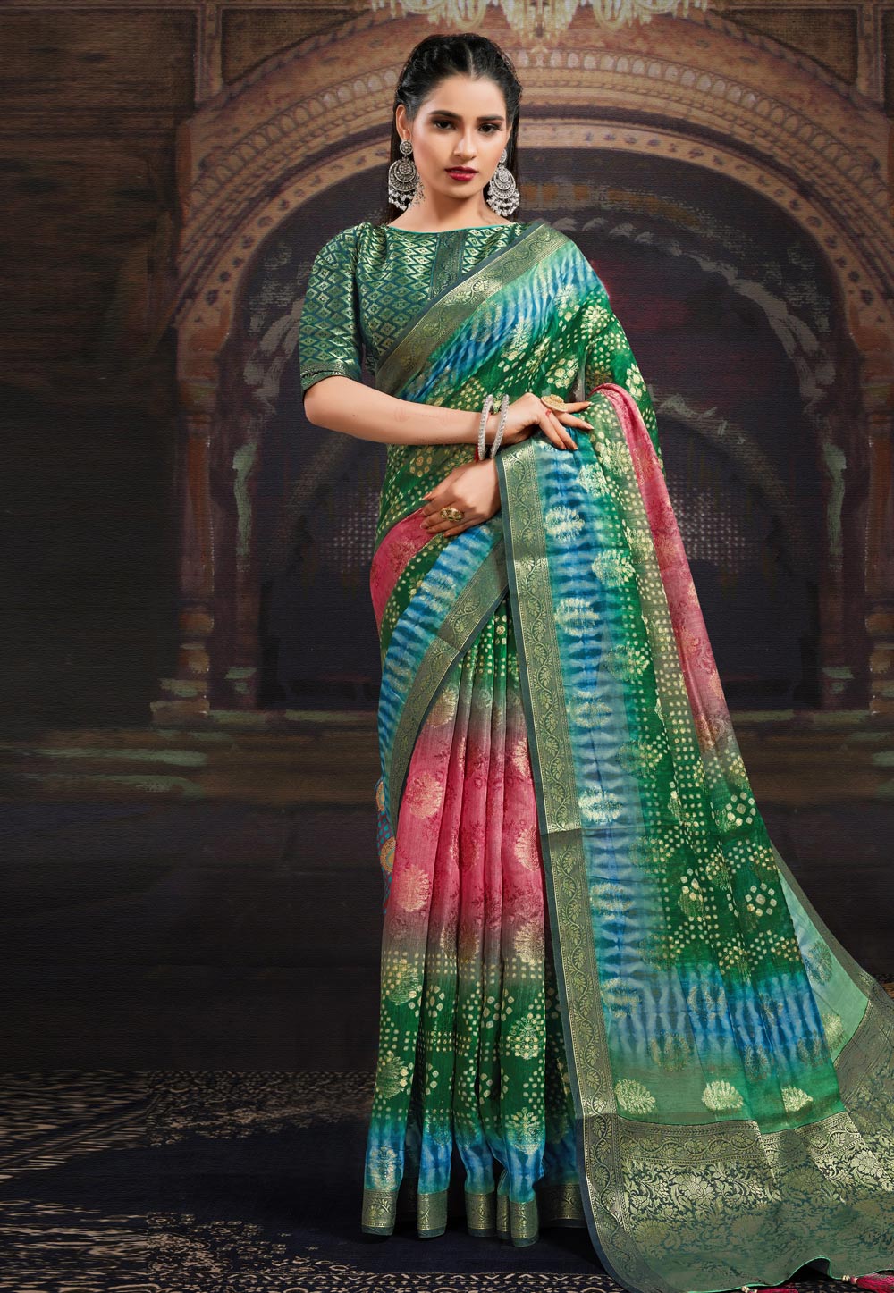 Green Chanderi Jacquard Printed Saree With Blouse 227320