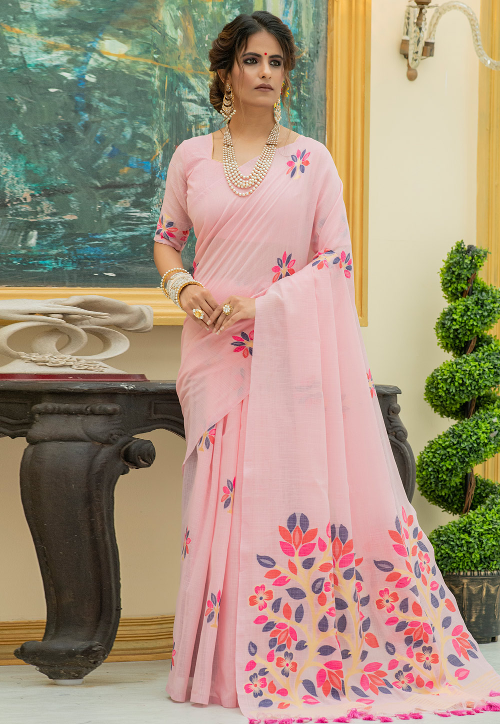Pink Linen Printed Saree With Blouse 225383