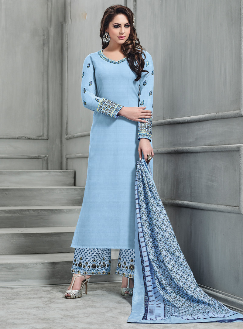 Sky Blue Banarasi Silk Readymade Palazzo Style Suit 129805