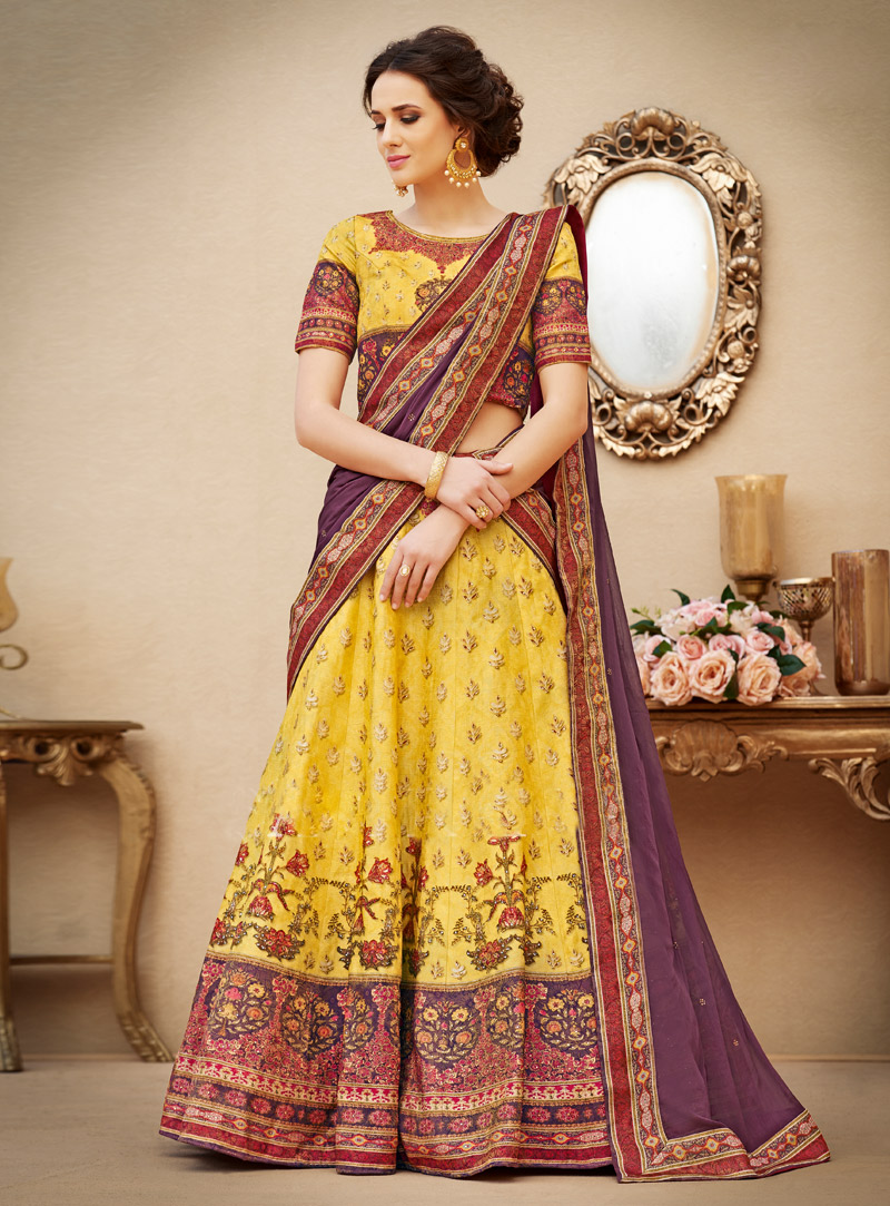 Yellow Banarasi Silk A Line Lehenga Choli 129648