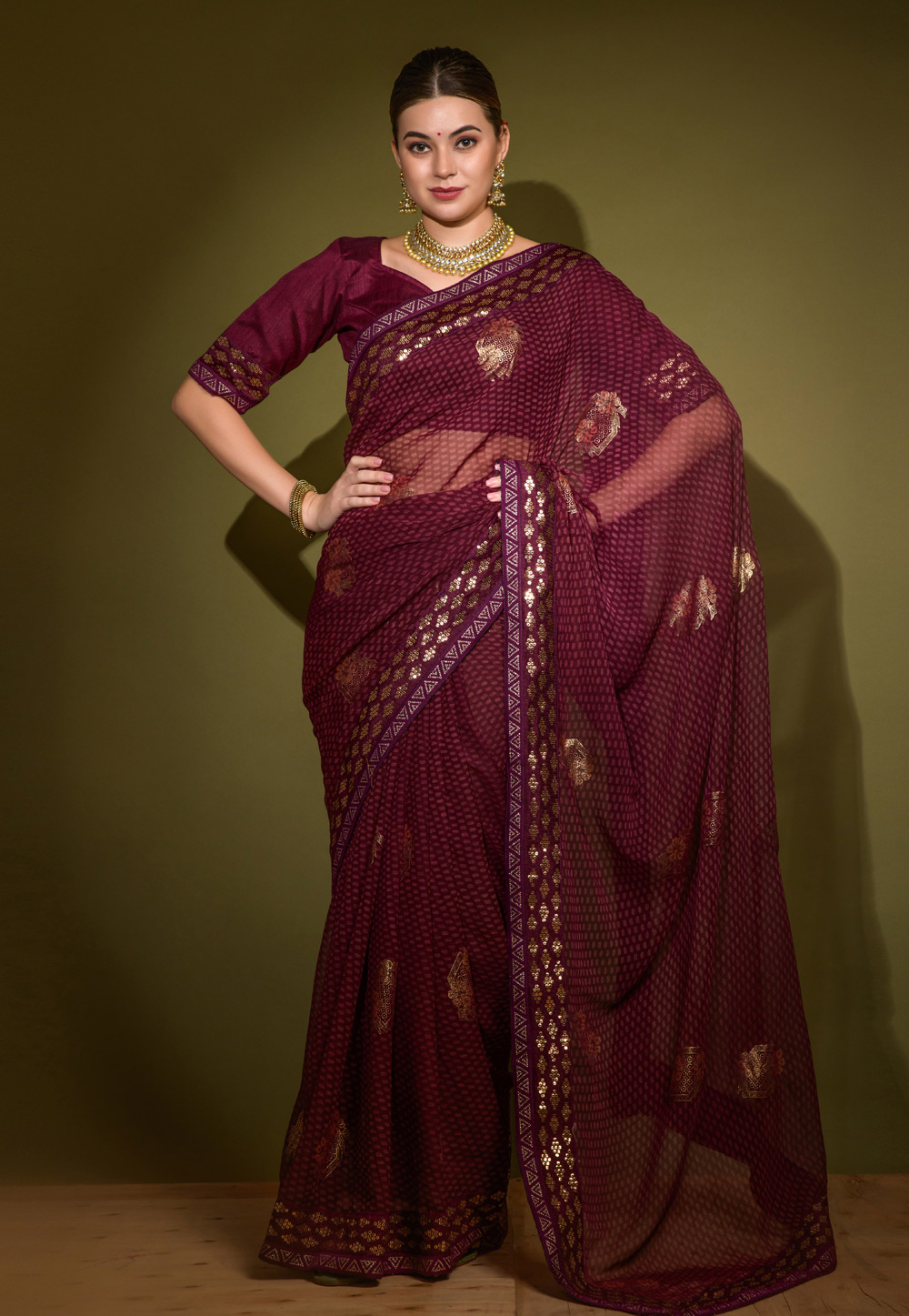 Wine Georgette Saree With Blouse 262363