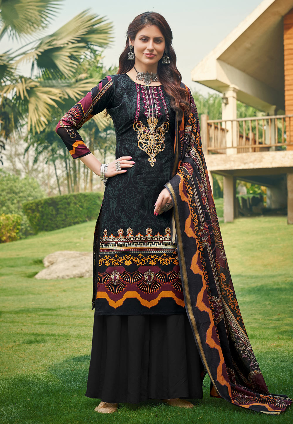 Black Cotton Kameez With Palazzo 221038