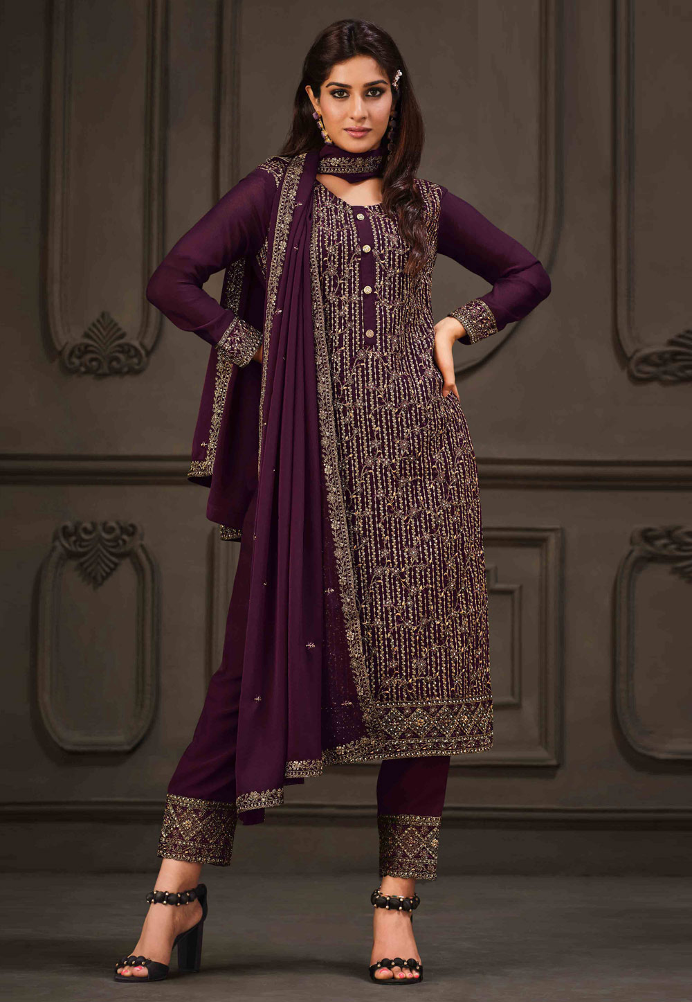 Purple Georgette Embroidered Pakistani Suit 266381