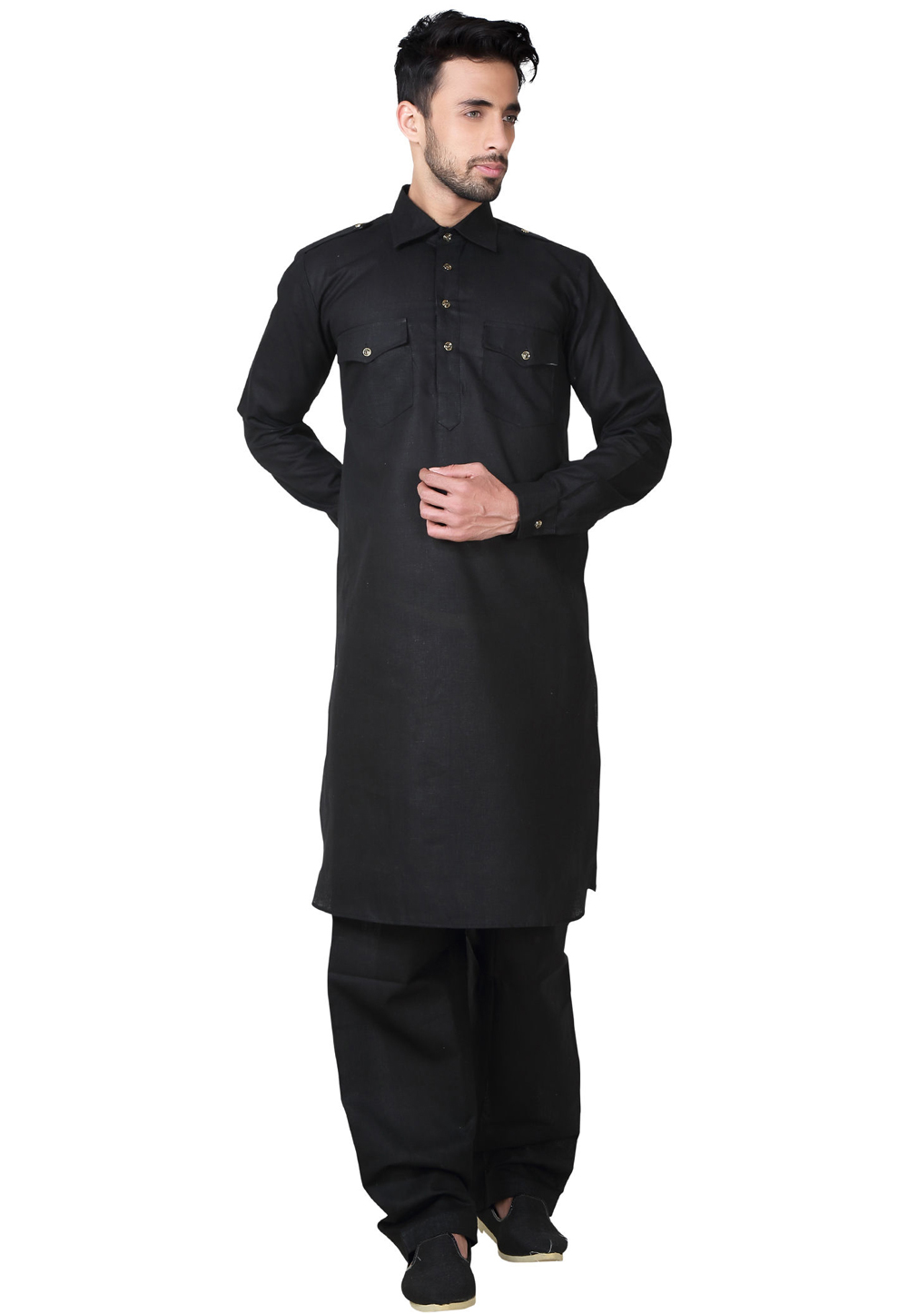 Black Cotton Pathani Suit 234976