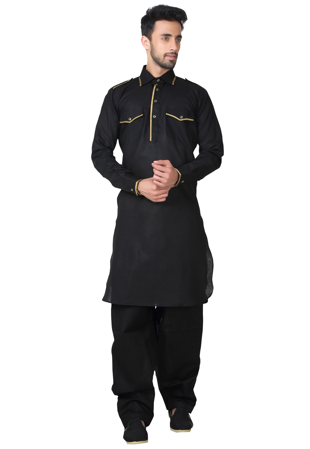 Black Cotton Pathani Suit 234977