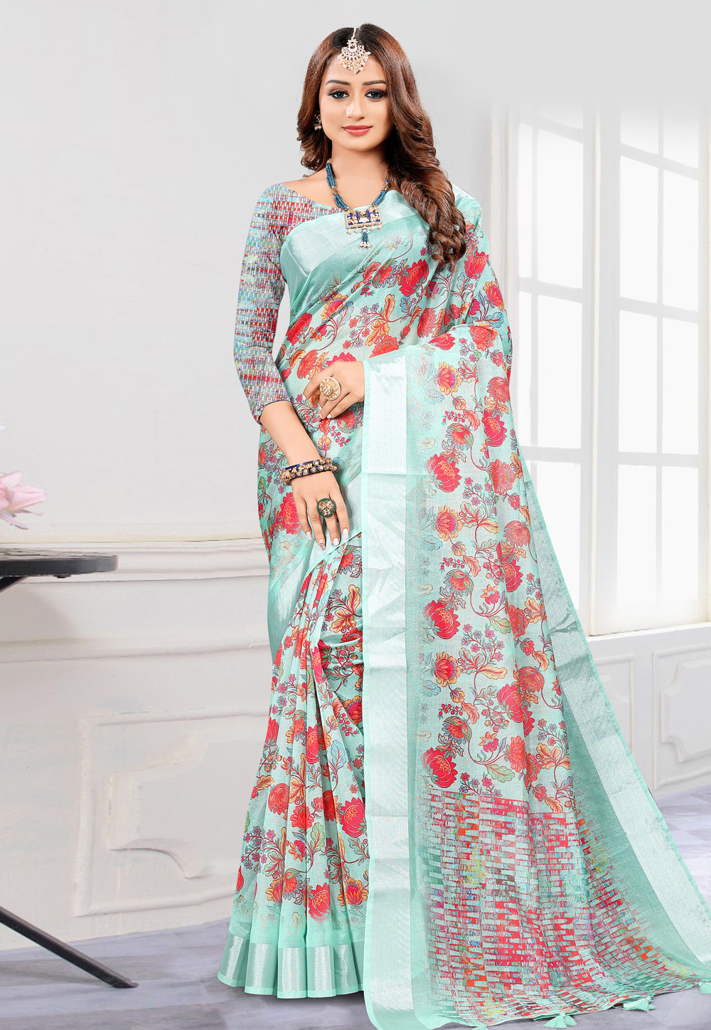 Sky Blue Linen Printed Saree With Blouse 228389