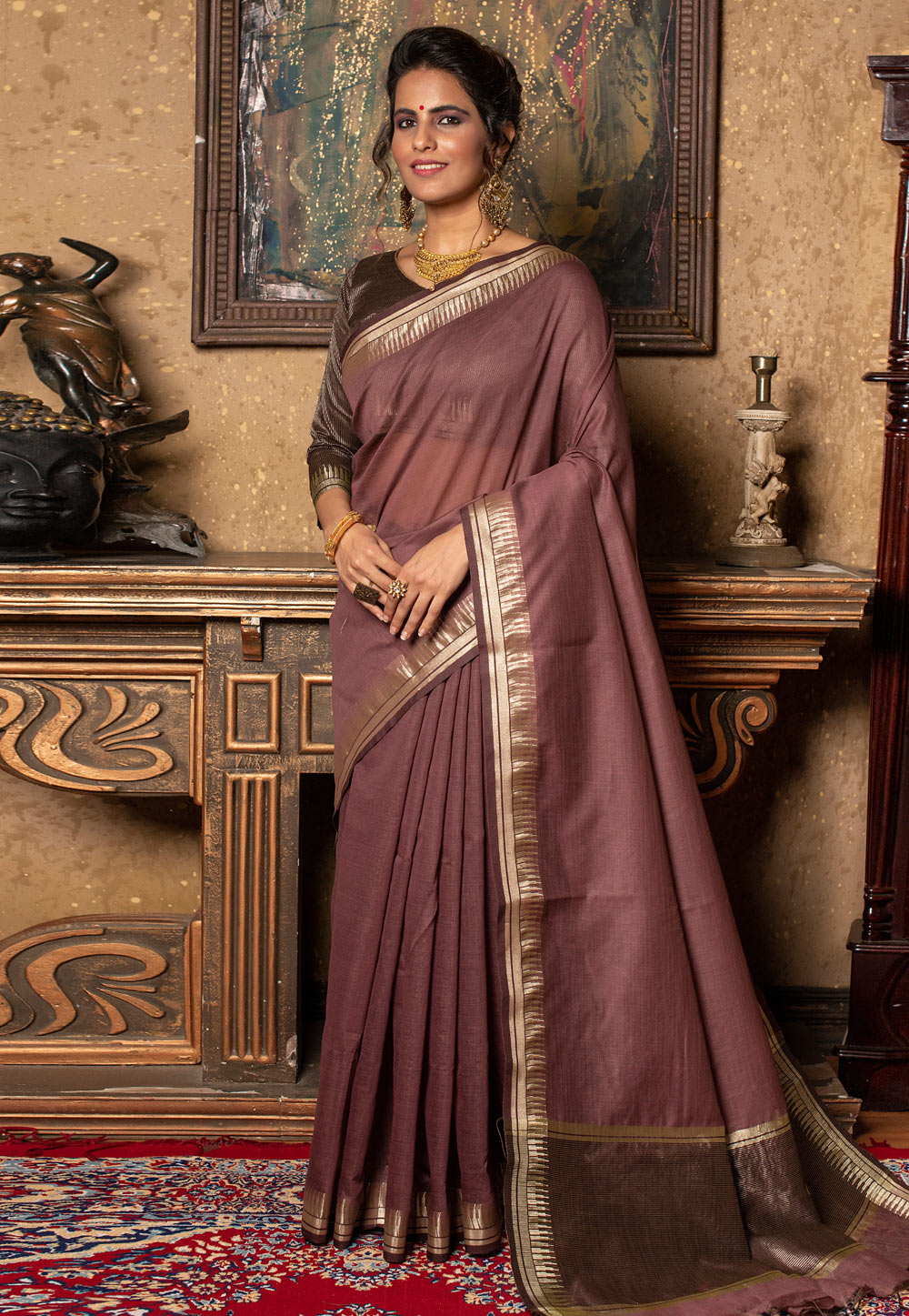 Brown Linen Saree With Blouse 225725