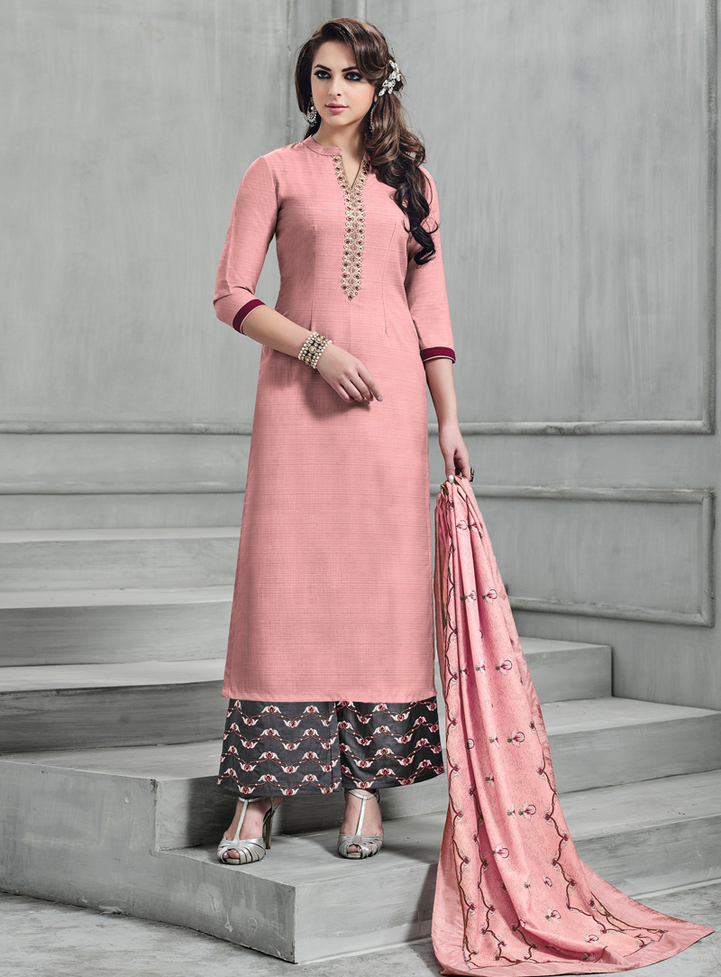 Peach Banarasi Silk Readymade Palazzo Style Suit 129807