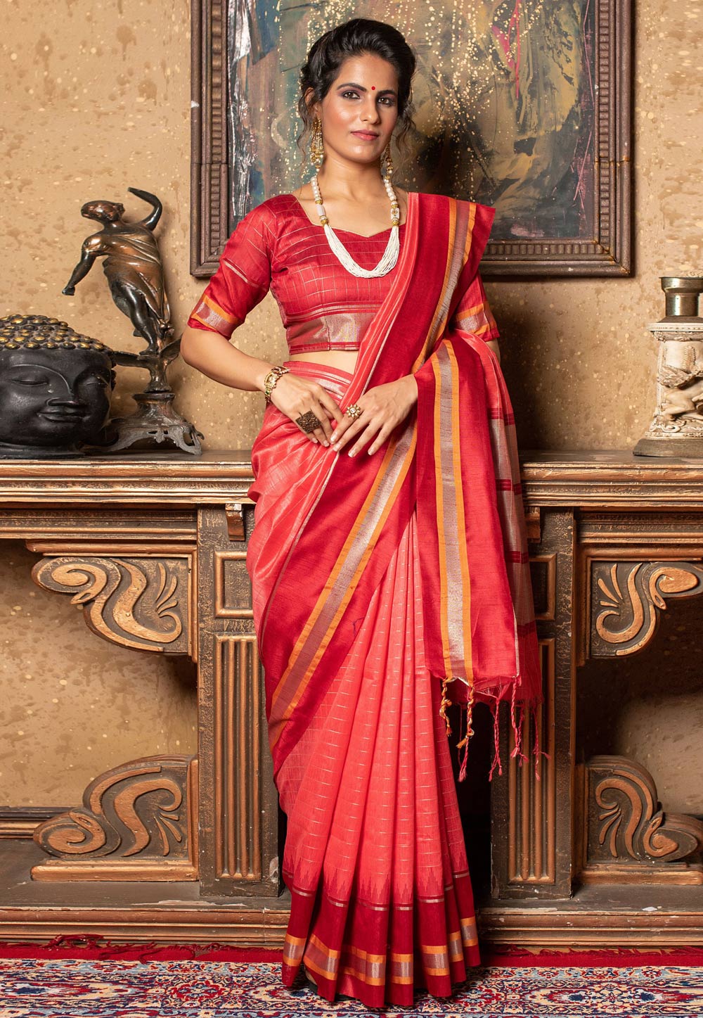 Red Raw Silk Saree With Blouse 225727