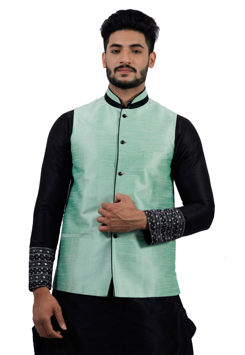Light Green Art Silk Readymade Nehru Jacket 156164