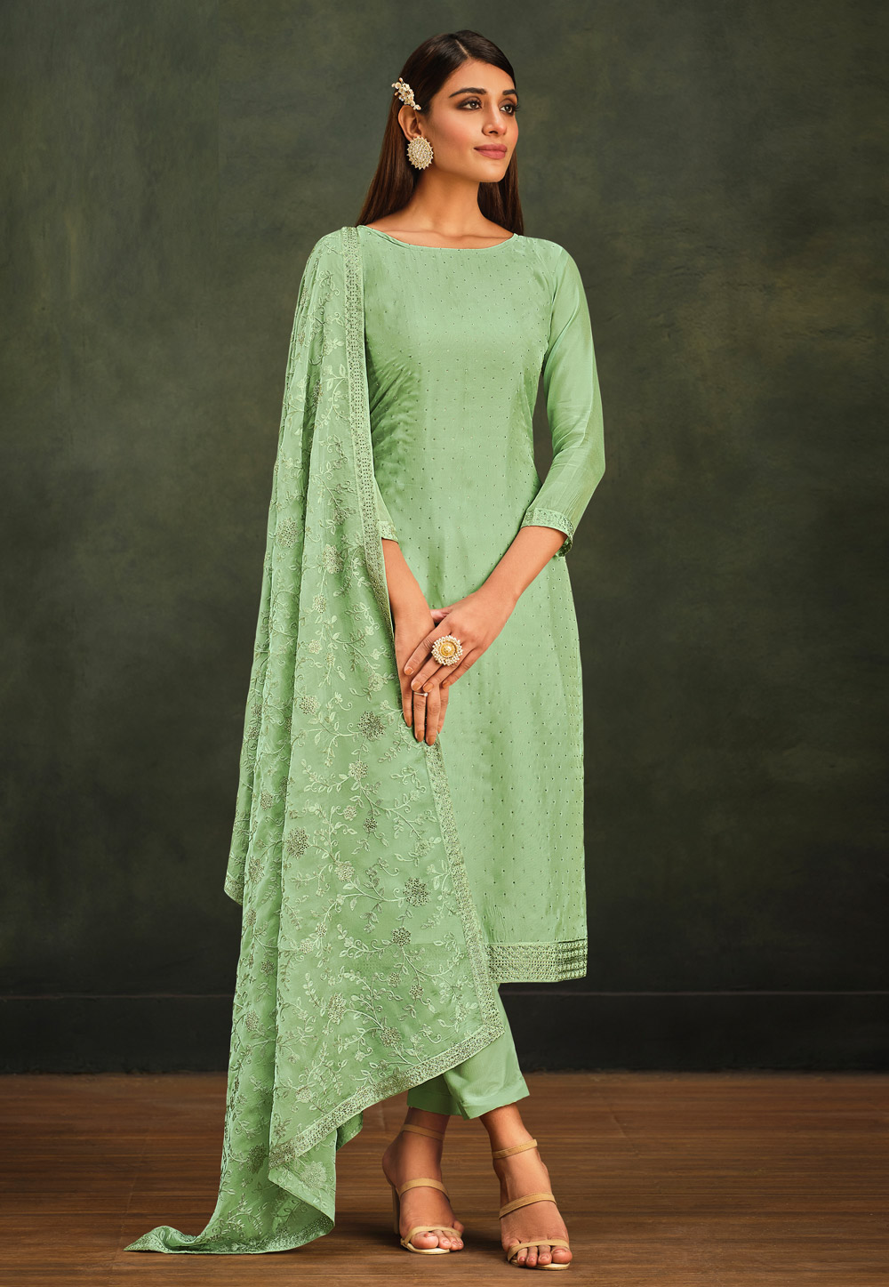 Pista Green Organza Pant Style Suit 255240