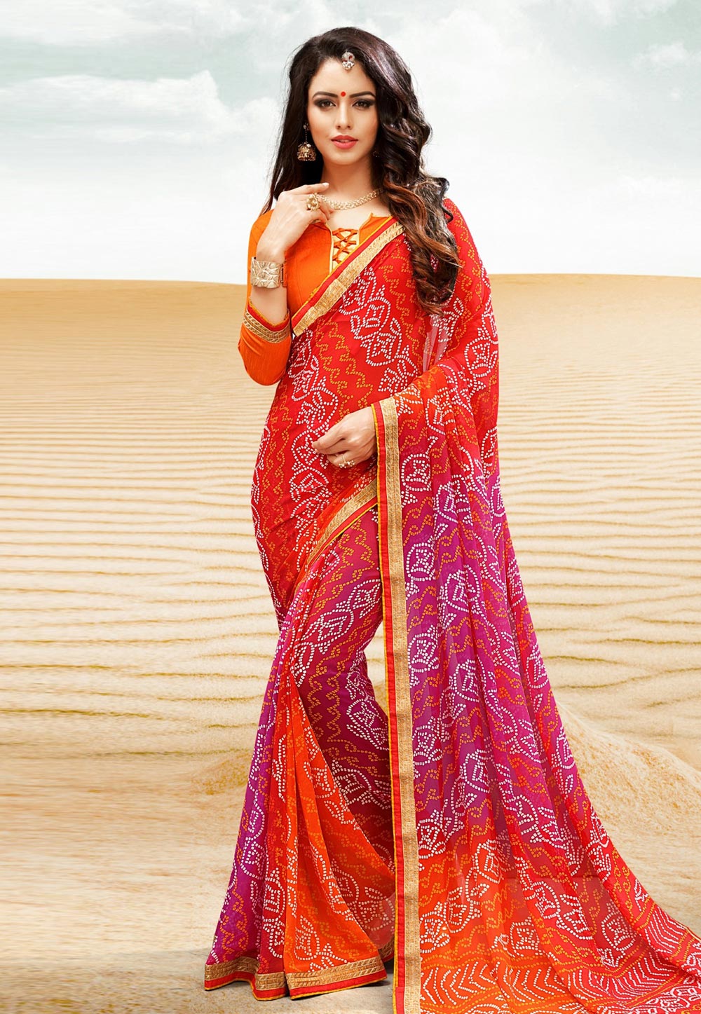 Red Georgette Bandhej Saree With Blouse 154741