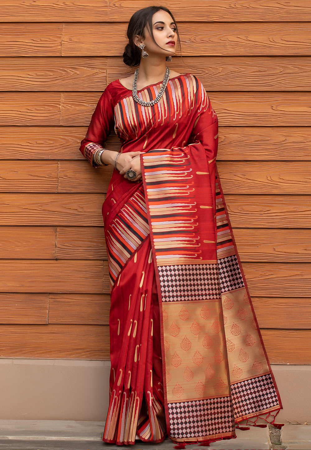 Red Tussar Silk Saree With Blouse 225988