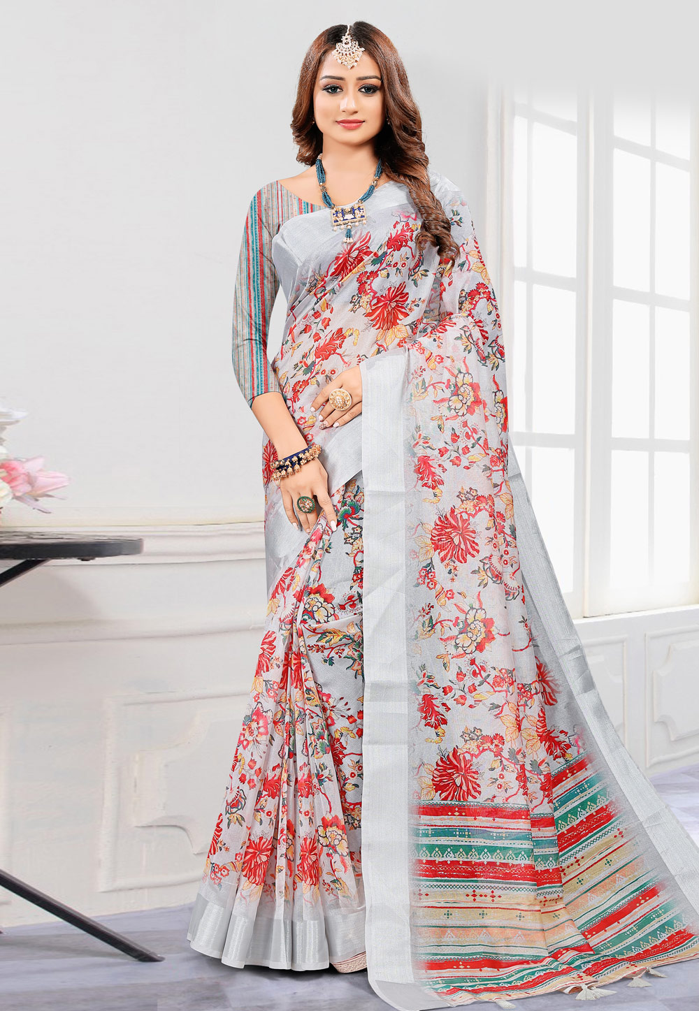 Grey Linen Printed Saree With Blouse 228391
