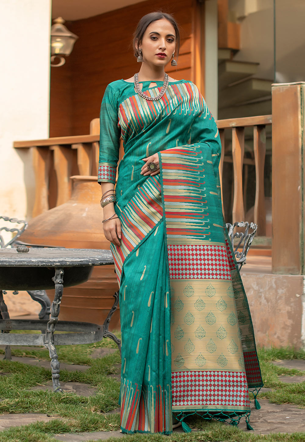 Sea Green Tussar Silk Festival Wear Saree 225989