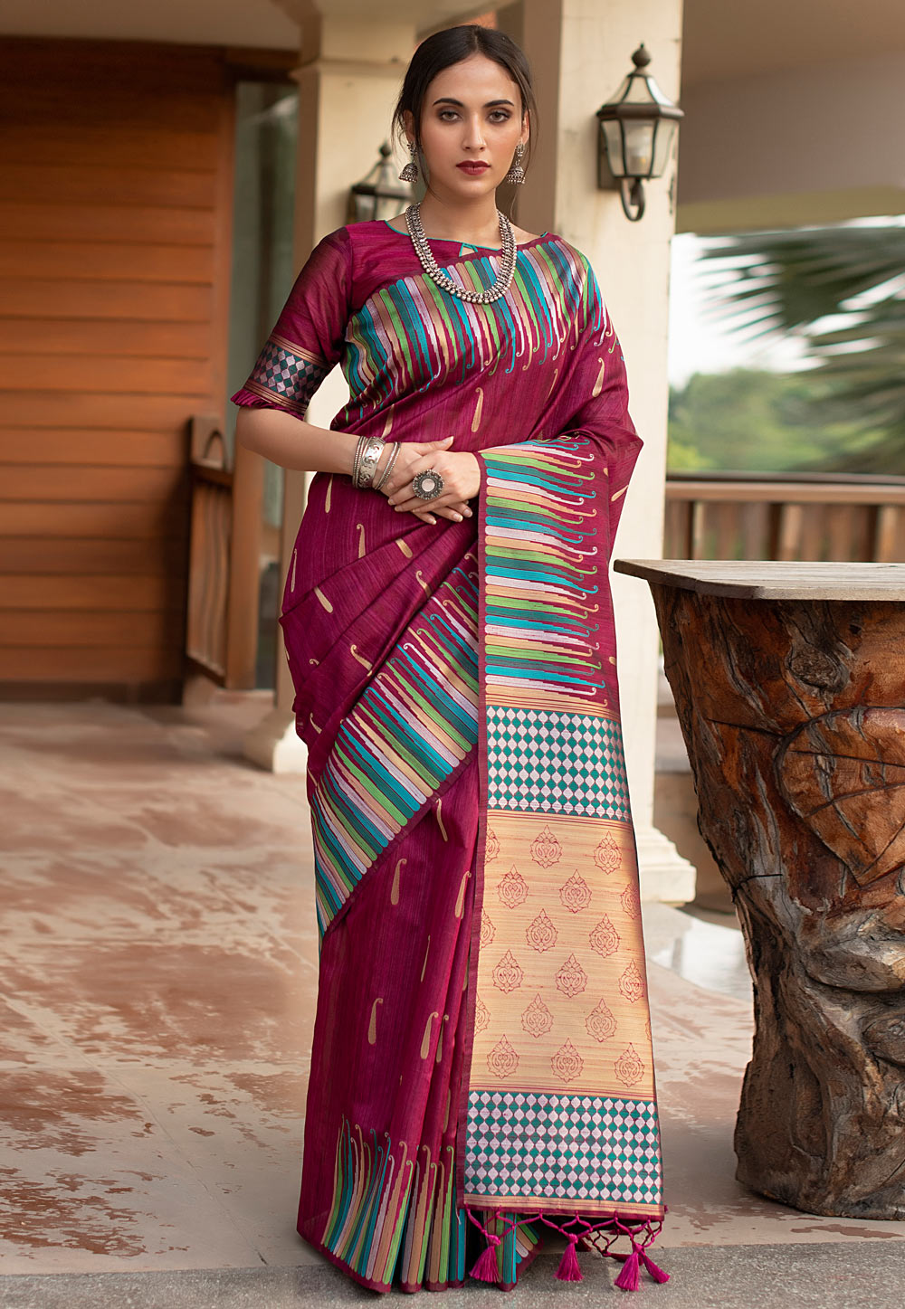 Magenta Tussar Silk Saree With Blouse 225990