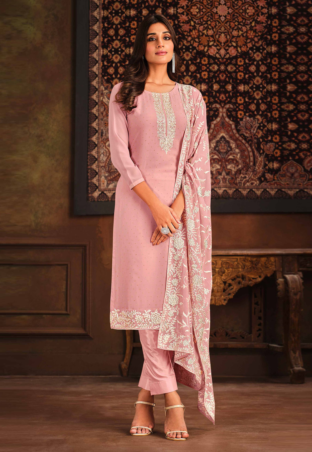 Pink Georgette Pant Style Suit 259940