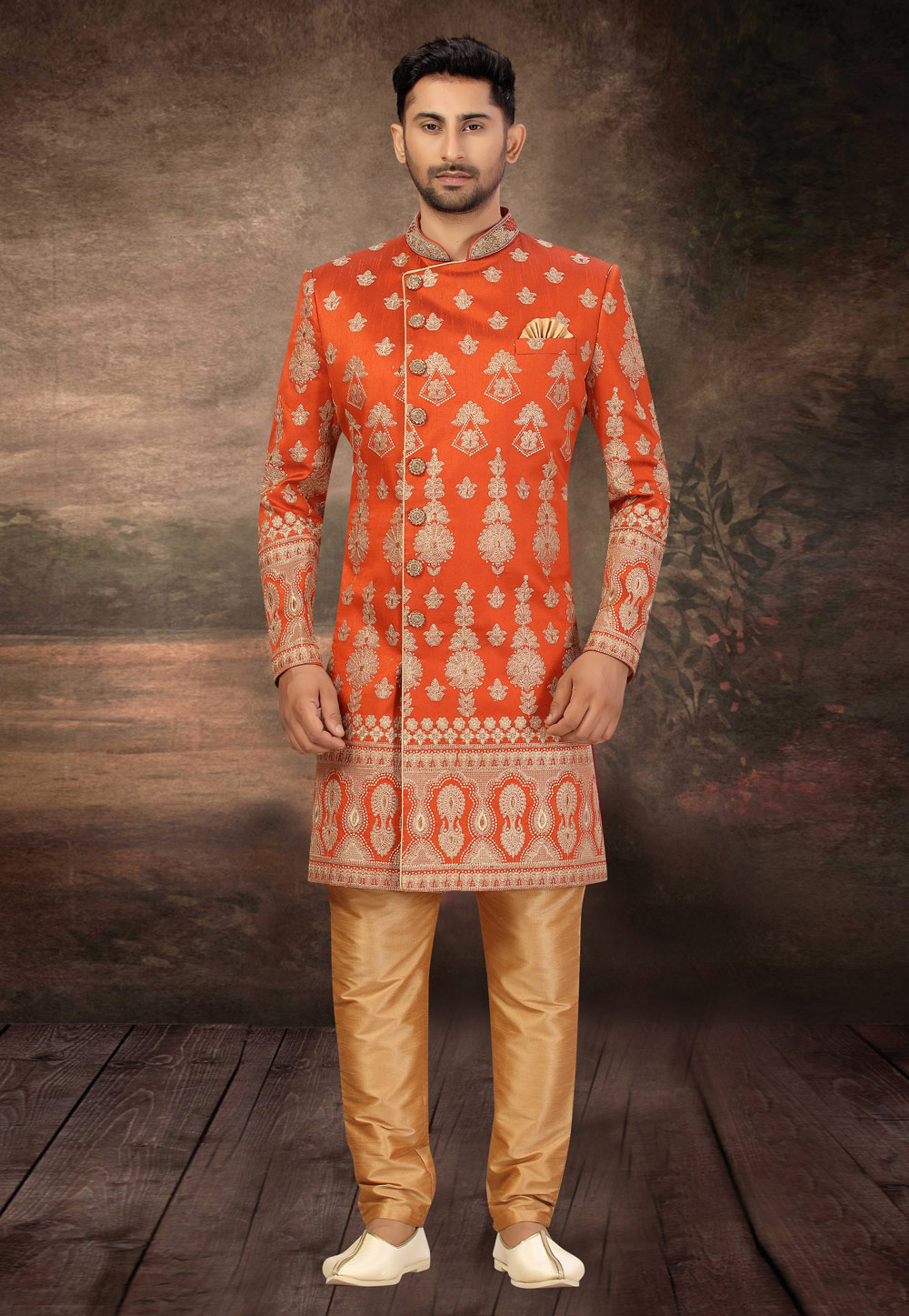 Orange Art Silk Indo Western Suit 231321