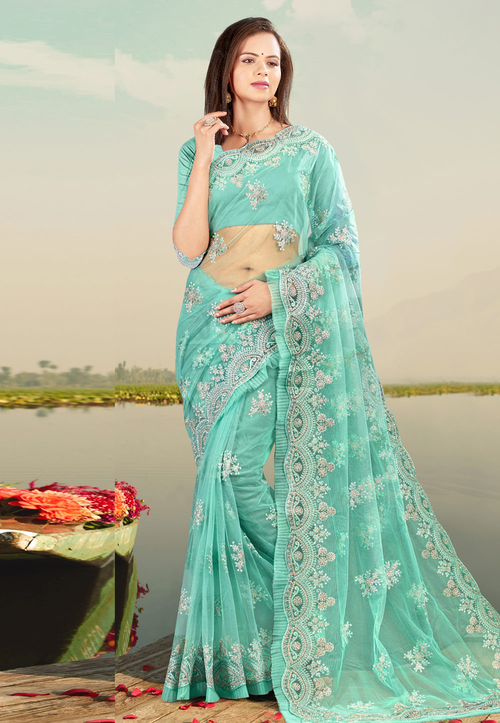 Sea Green Net Saree With Blouse 227702