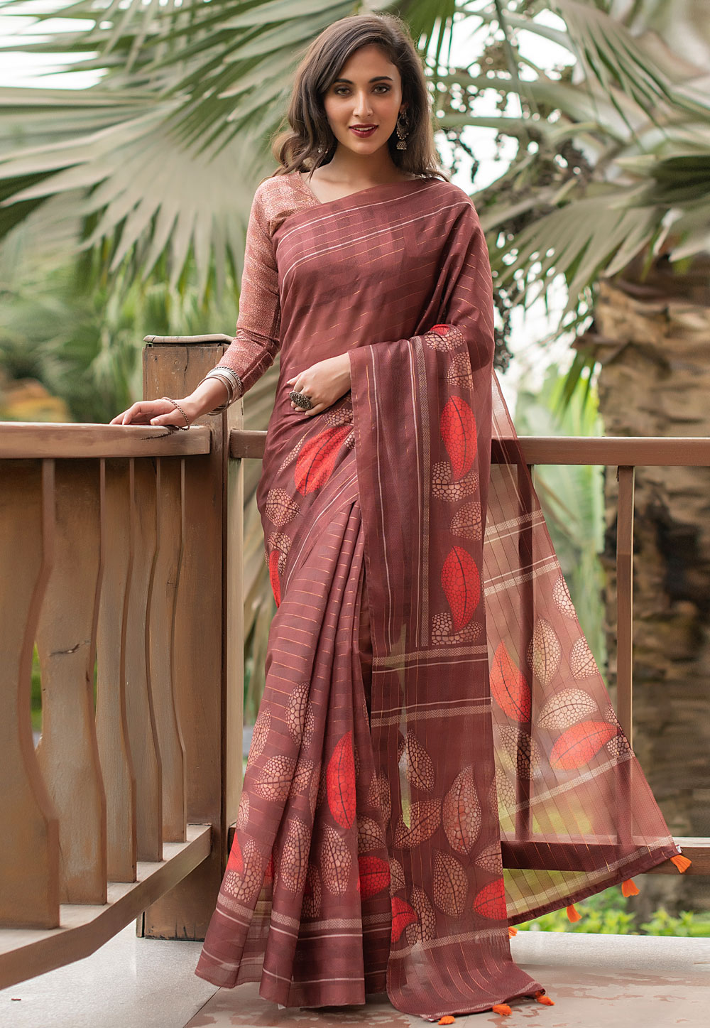 Brown Linen Printed Saree With Blouse 227949