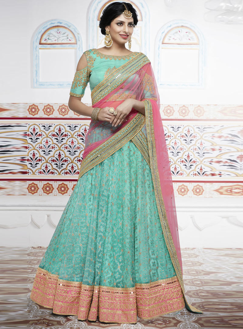 Turquoise Net A Line Lehenga Choli With Cold Shoulder Blouse 104349