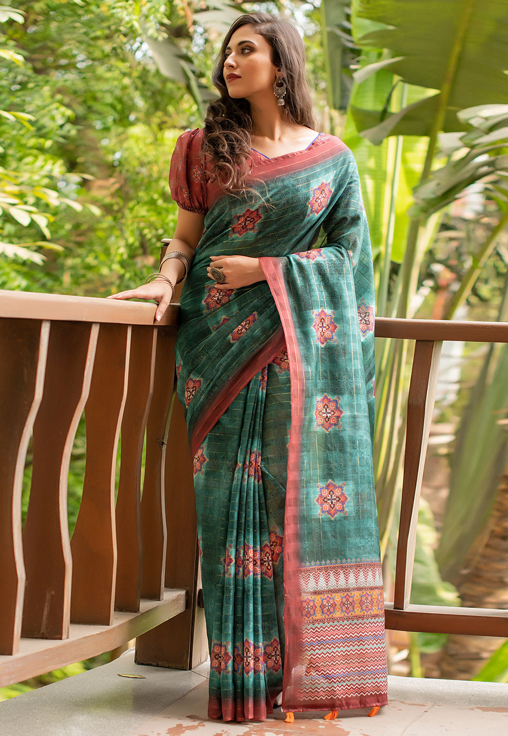 Green Linen Printed Saree With Blouse 227951