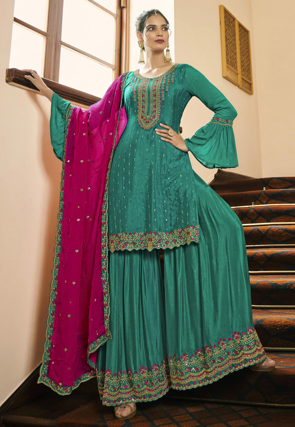 Sea Green Silk Sharara Suit 239791