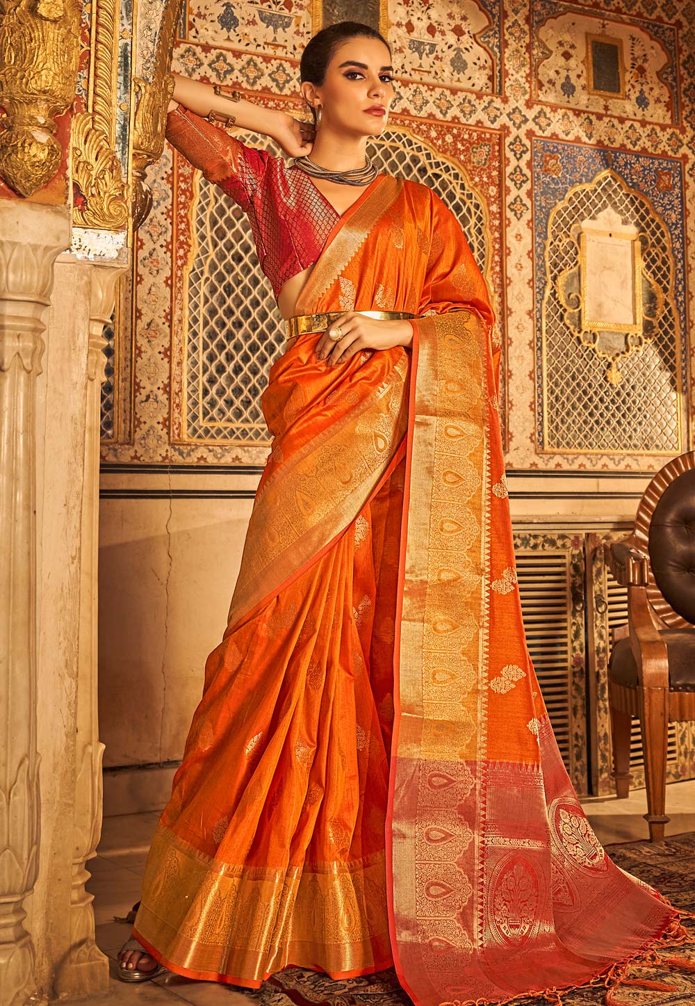 Orange Tussar Silk Saree With Blouse 264186