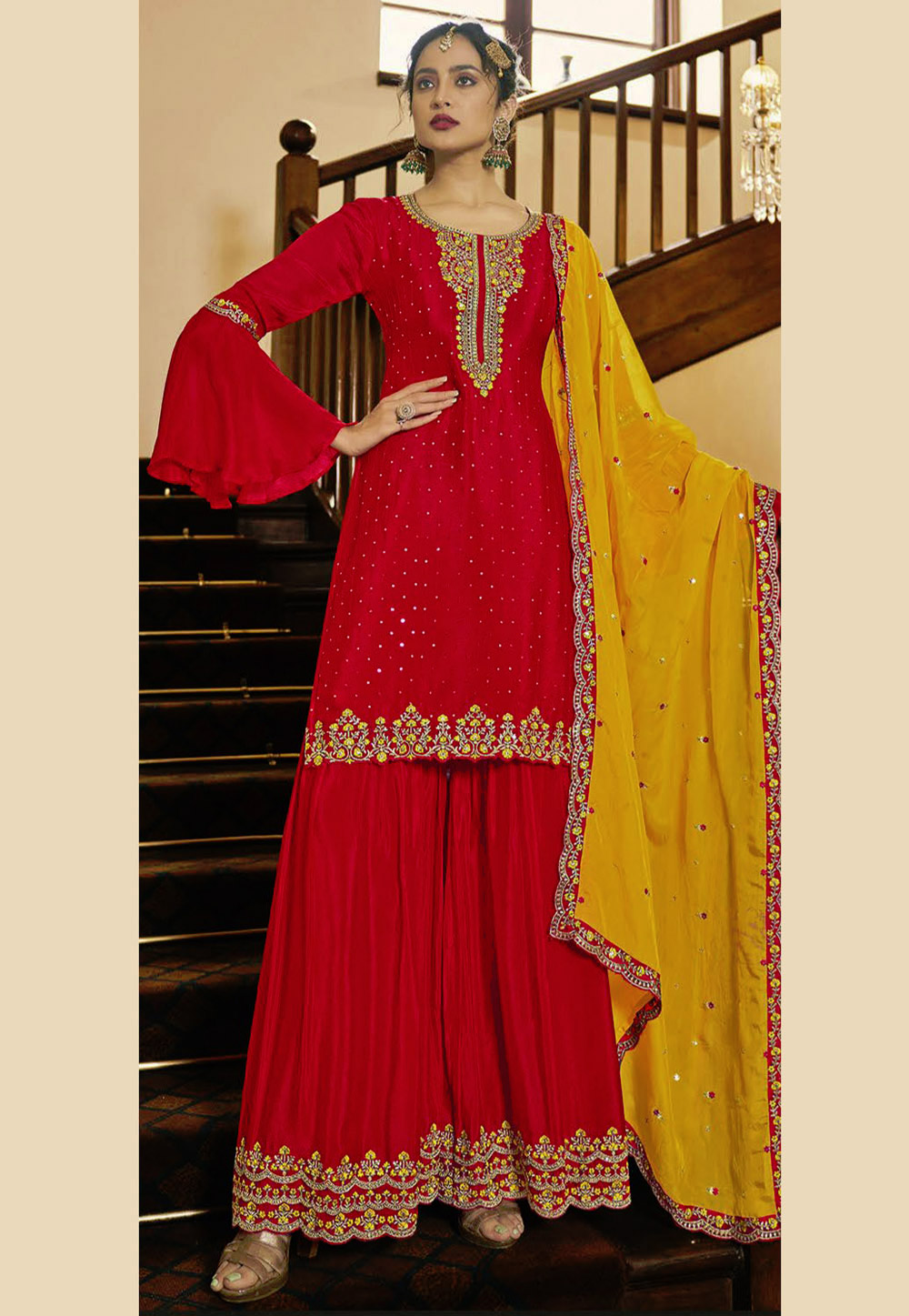 Red Silk Sharara Suit 239793