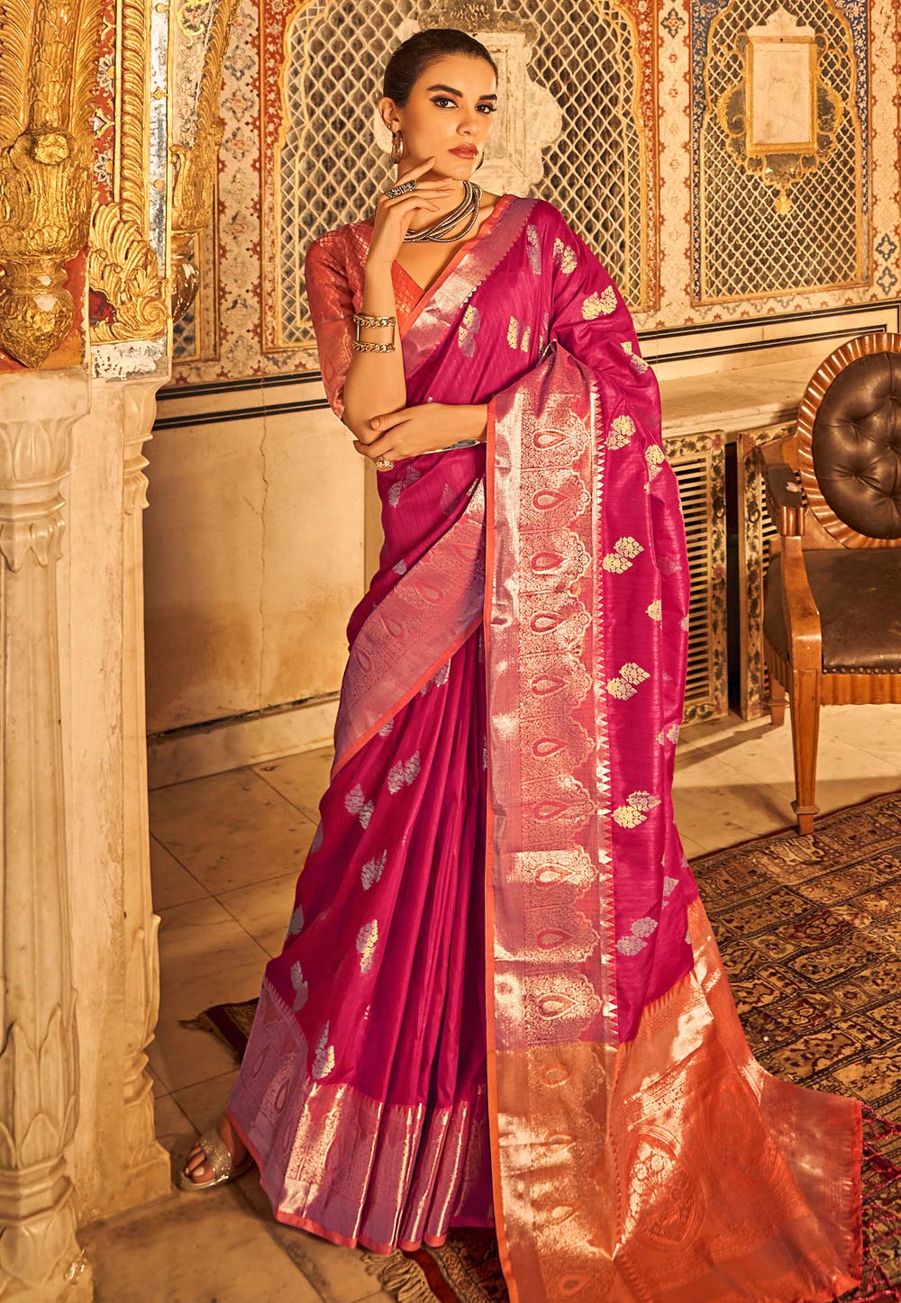 Magenta Tussar Silk Saree With Blouse 264188