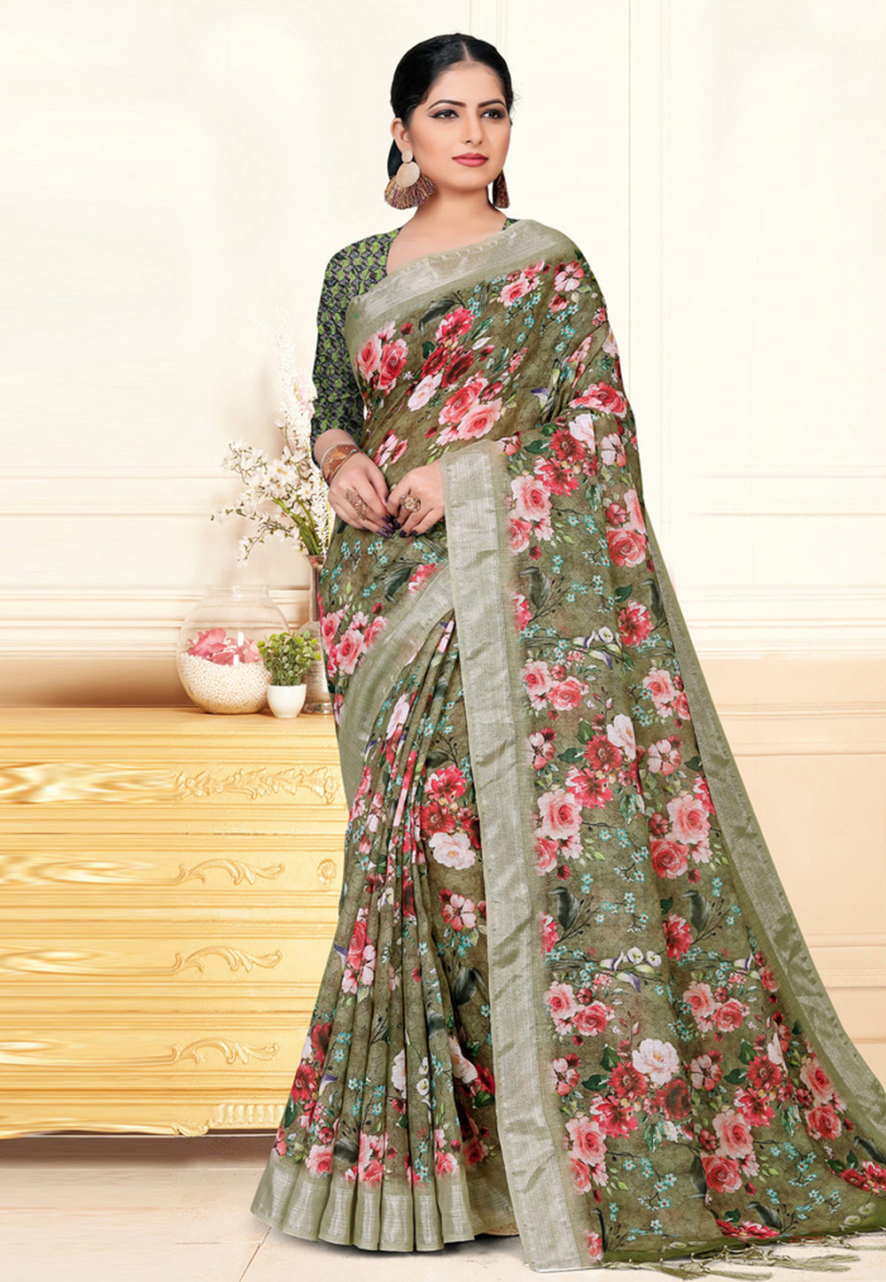 Olive Green Linen Printed Festival Wear Saree 193347
