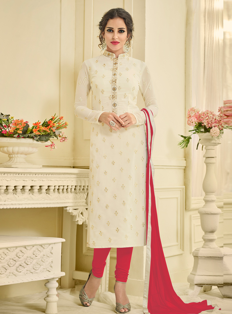 Off White Georgette Churidar Salwar Suit 118261