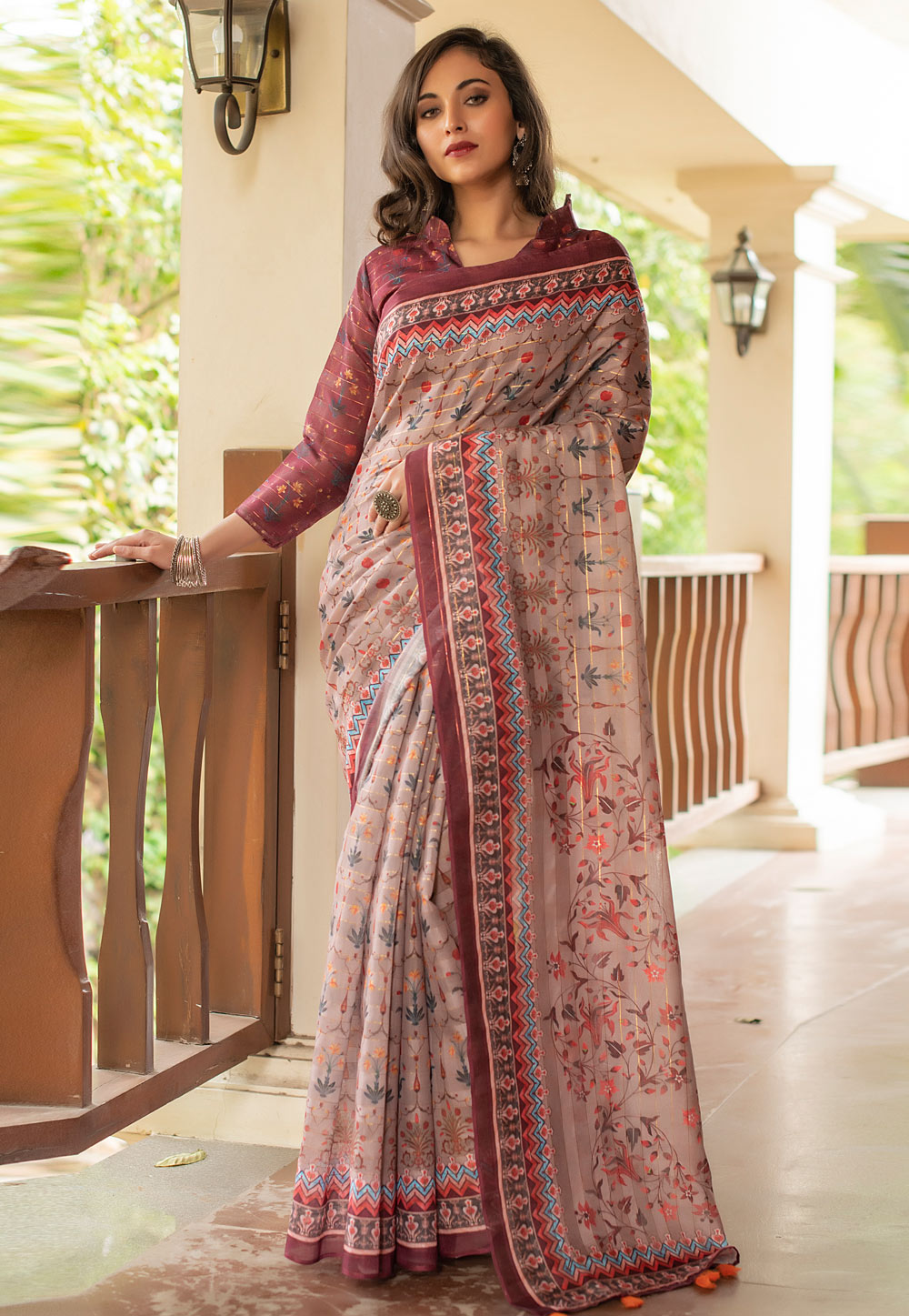 Light Brown Printed Linen Saree With Blouse 227953