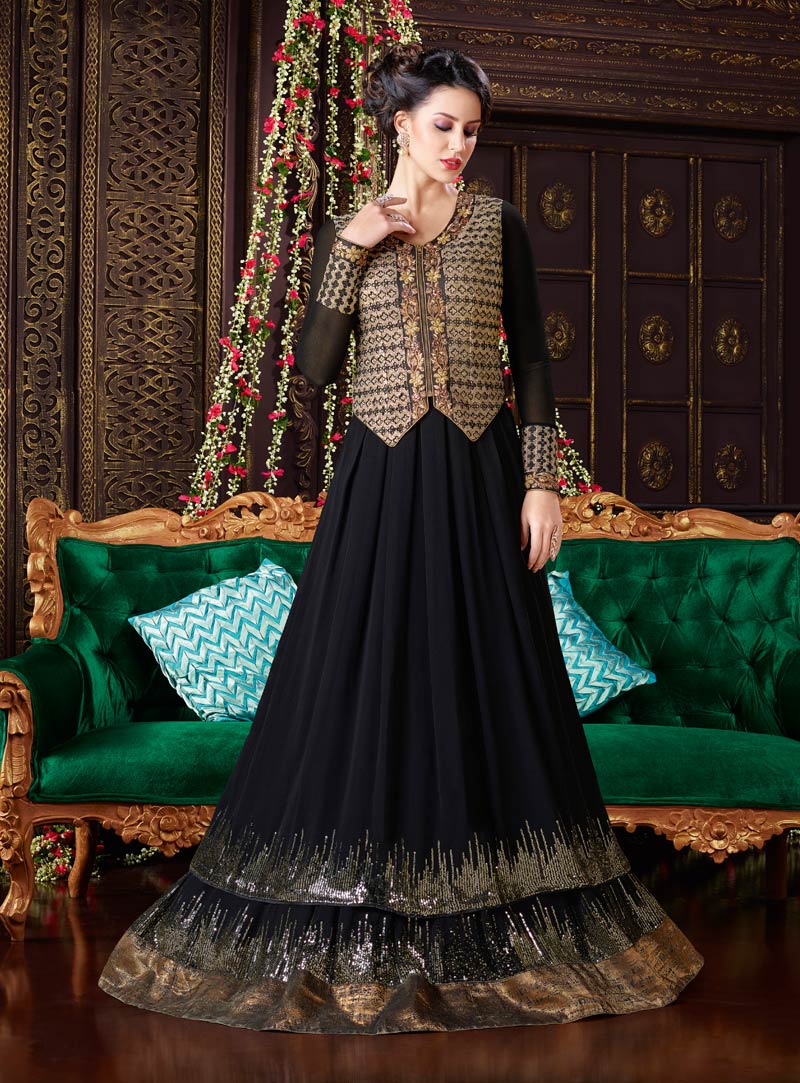 Black Georgette Floor Length Anarkali Suit With Jacket 90138