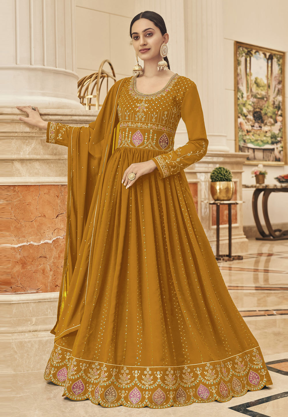 Mustard Georgette Abaya Style Anarkali Suit 247128