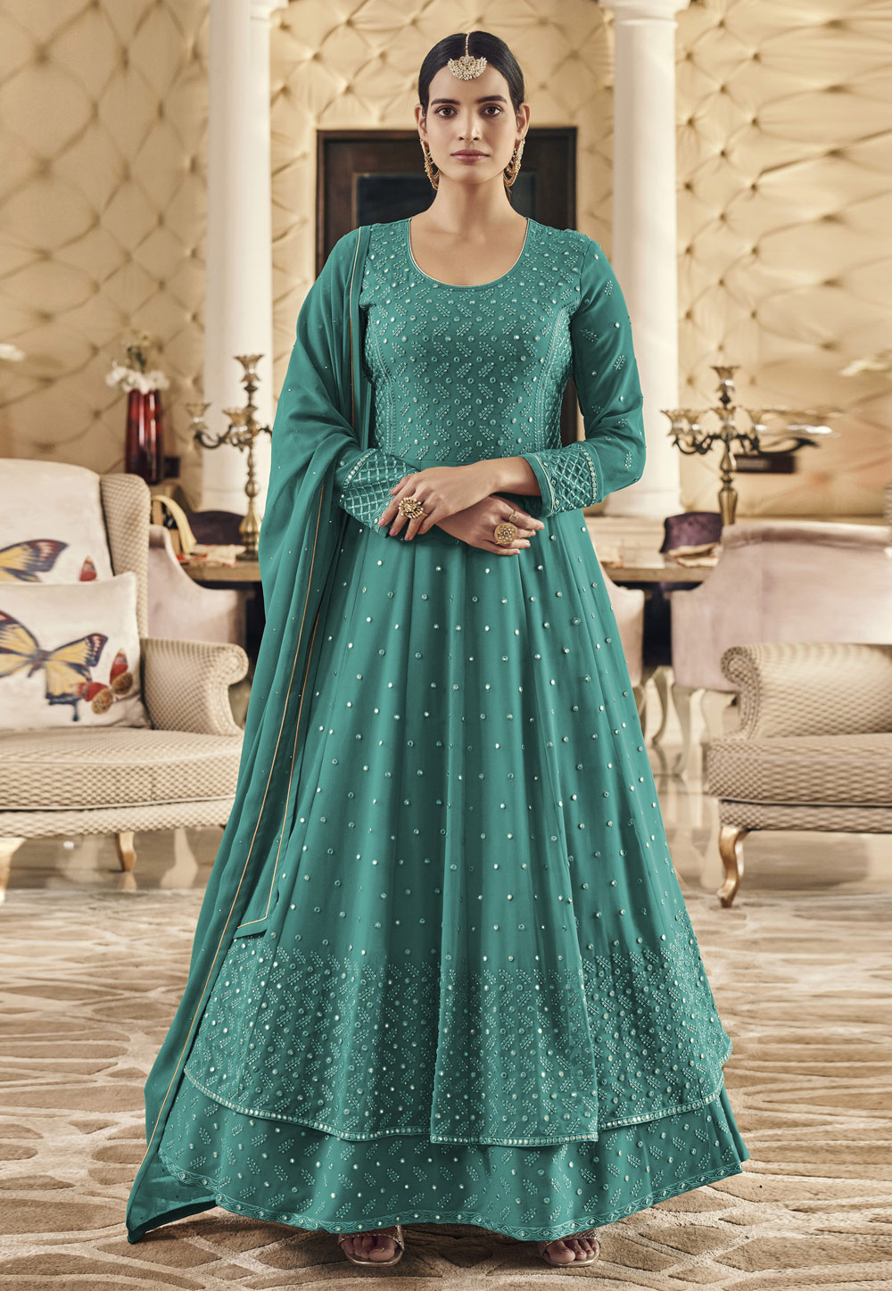 Sea Green Faux Georgette Abaya Style Anarkali Suit 247638