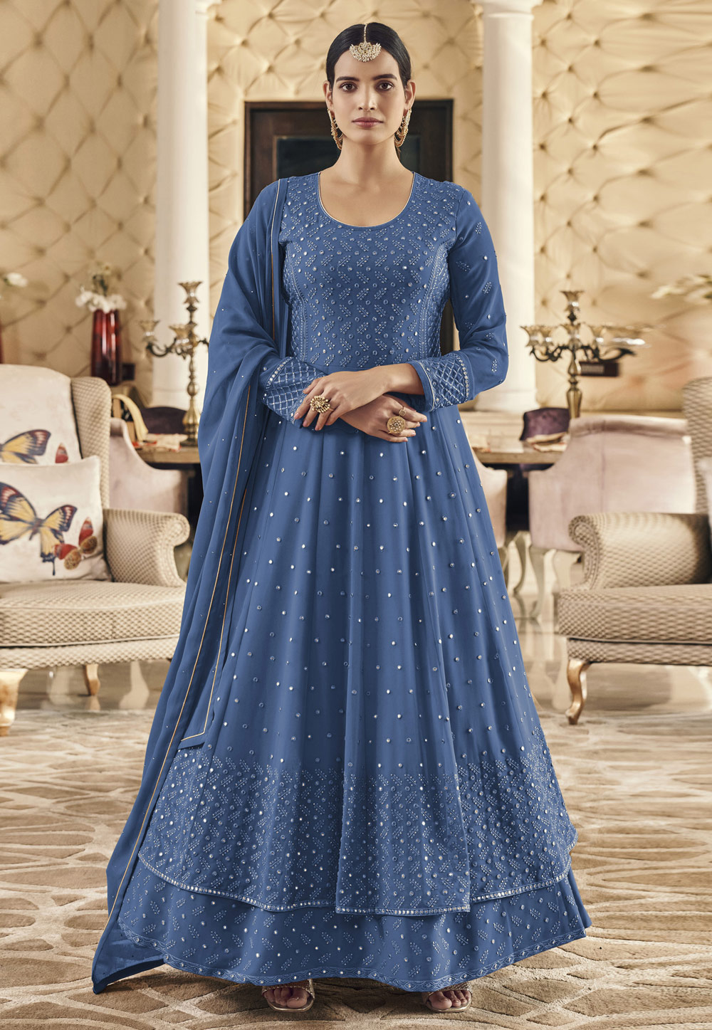 Blue Faux Georgette Abaya Style Anarkali Suit 247640