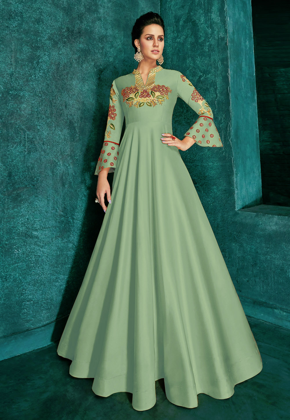 Green Silk Readymade Embroidered Gown 189202