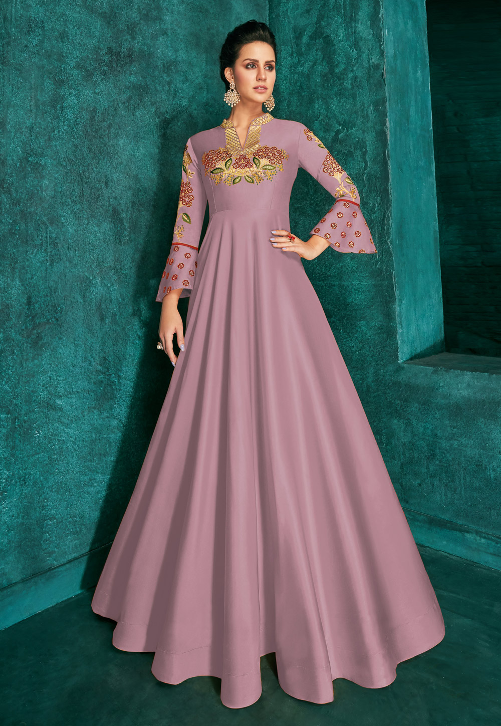 Pink Silk Readymade Long Gown 189203