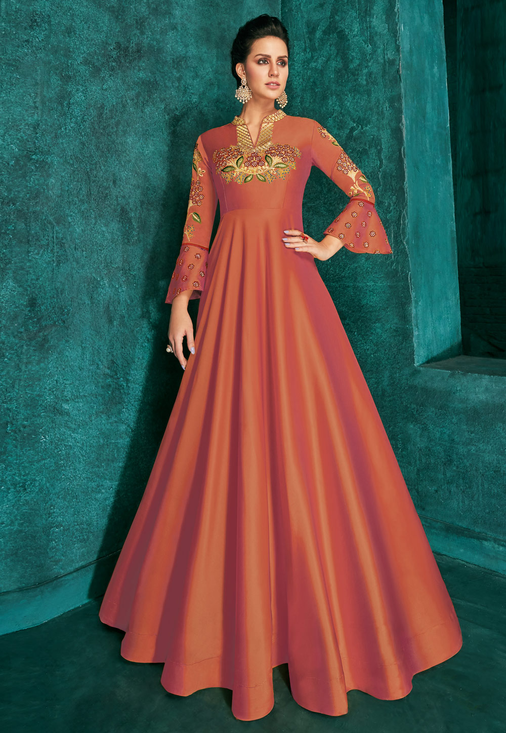 Orange Silk Readymade Gown 195129
