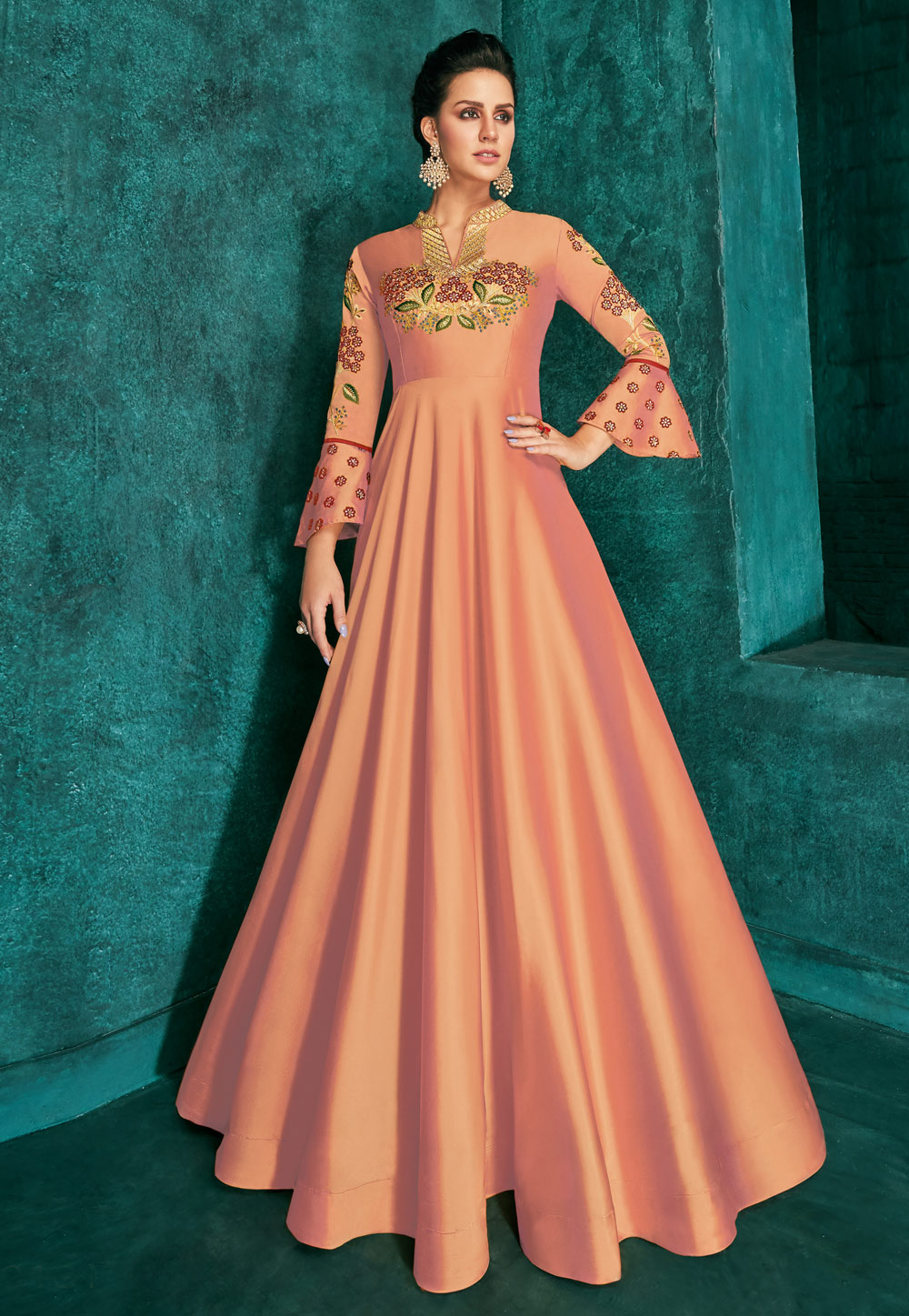 Peach Silk Readymade Gown 195131