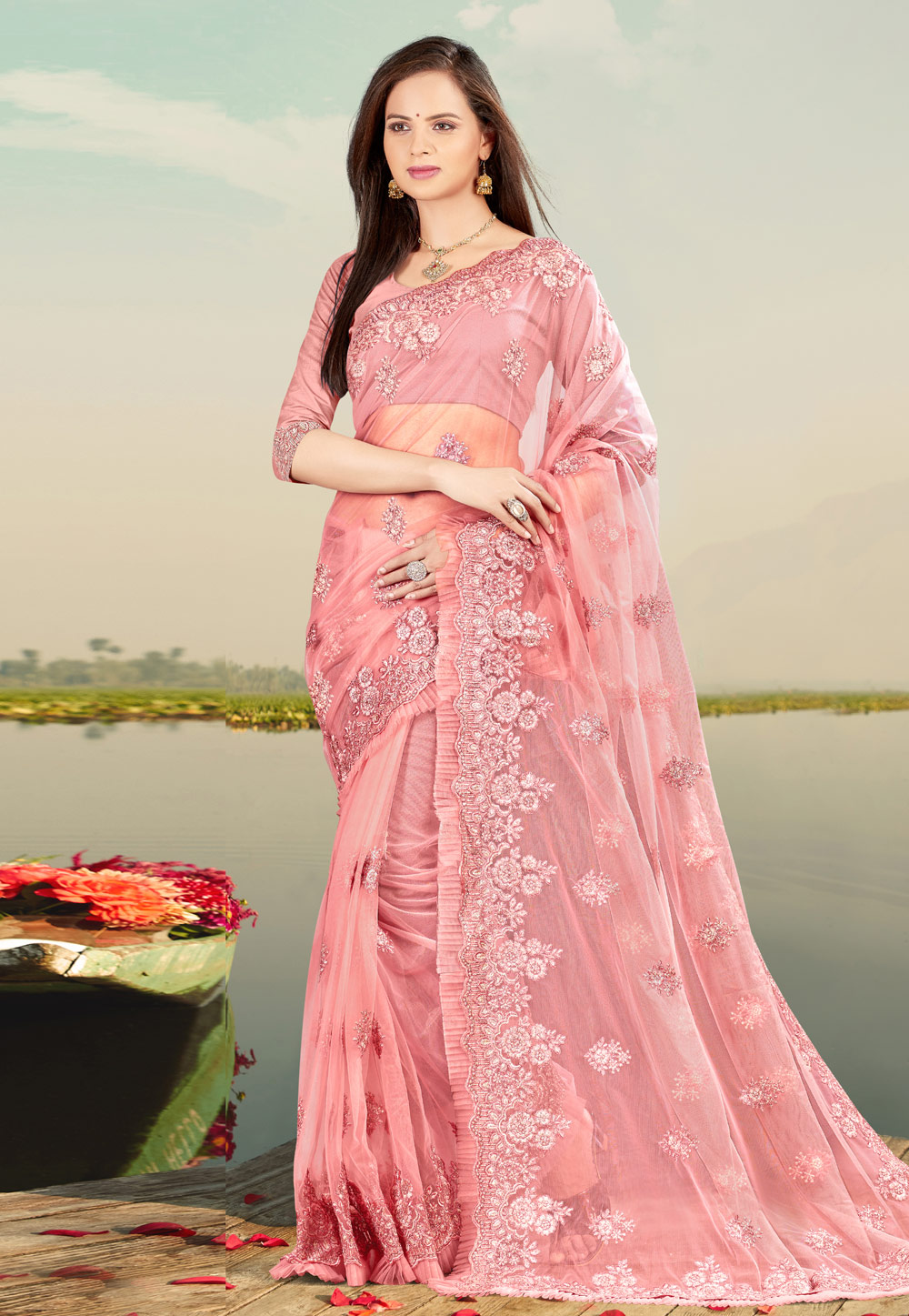 Pink Net Saree With Blouse 227711