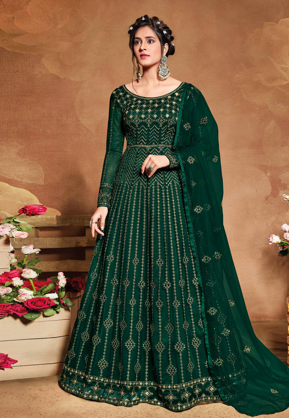 Green Net Embroidered Abaya Style Anarkali Suit 221708