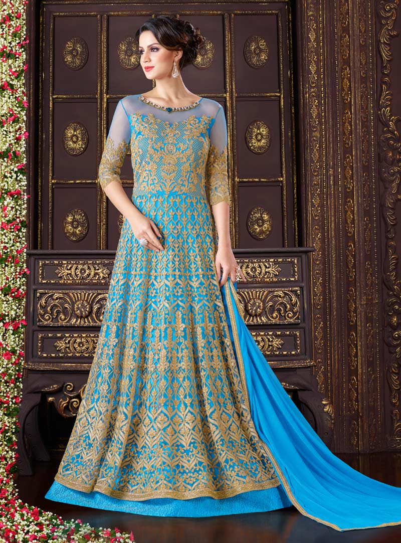 Sky Blue Net Layered Anarkali Suit 90139