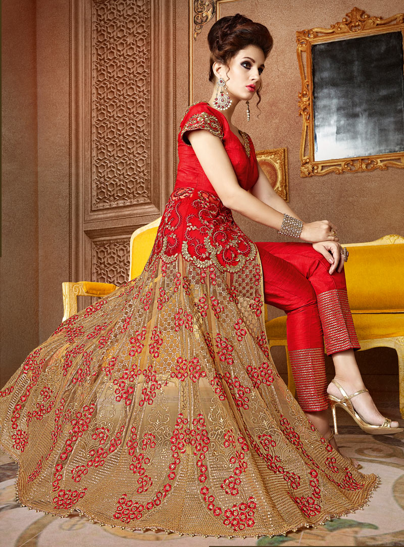 Red Banarasi Silk Center Slit Pant Style Suit 93816