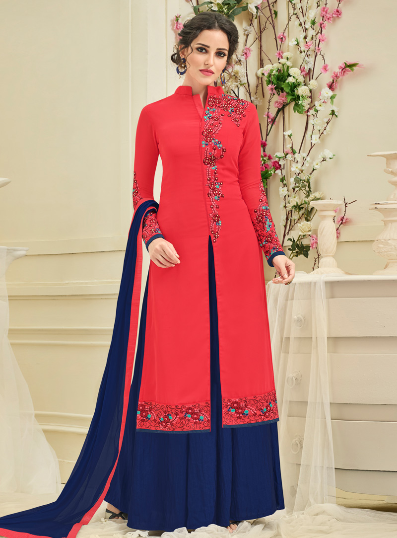 Red Georgette Palazzo Style Suit 118263