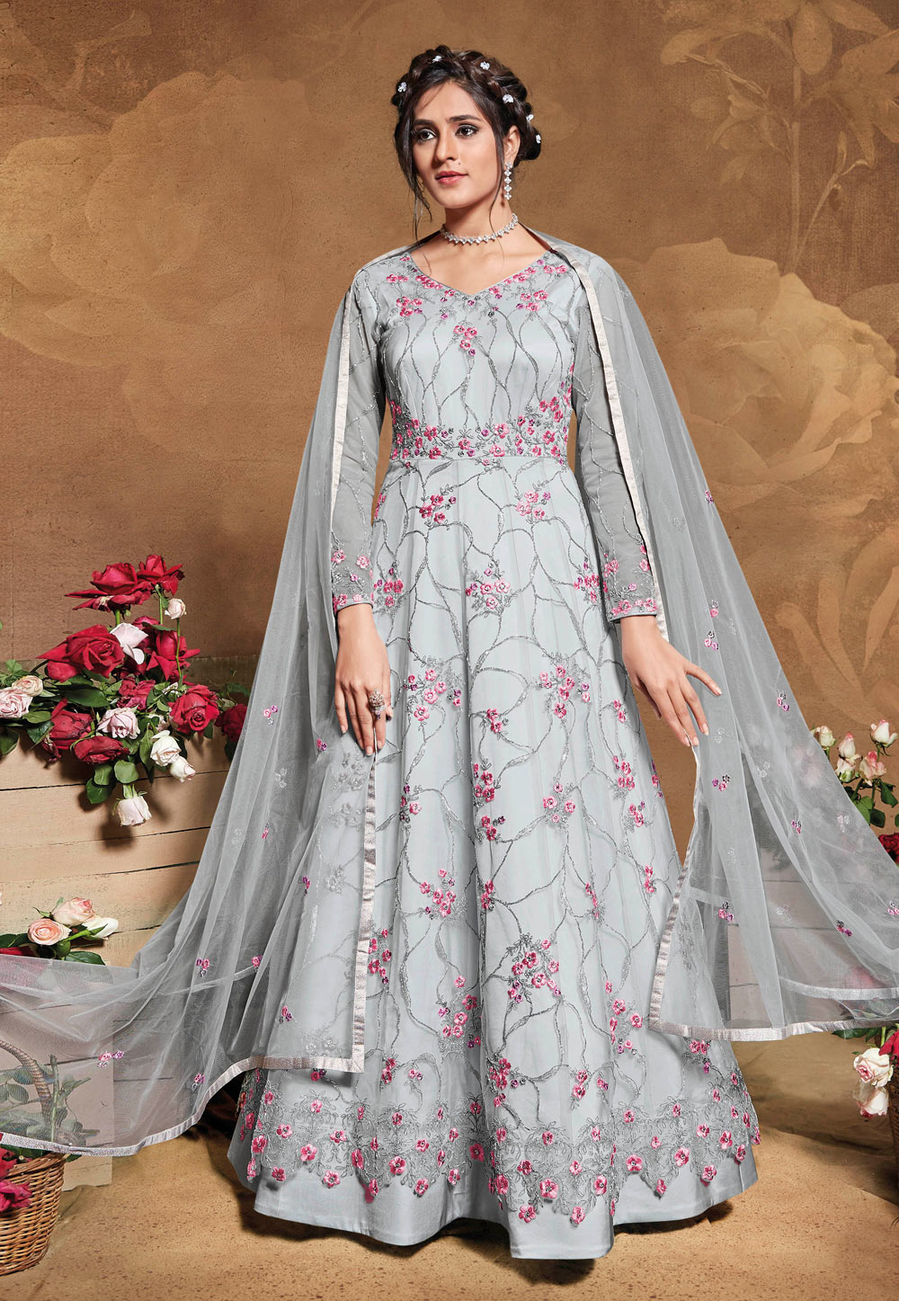Grey Net Embroidered Long Anarkali Suit 221709