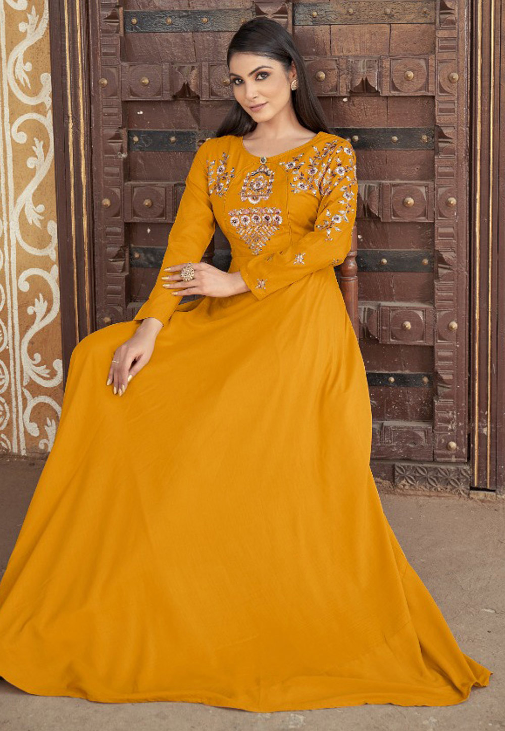 Mustard Yellow Fusion Embellished Gown – Roopkala Global