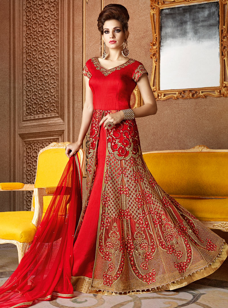 Red Banarasi Silk Lehenga With Long Choli 93817
