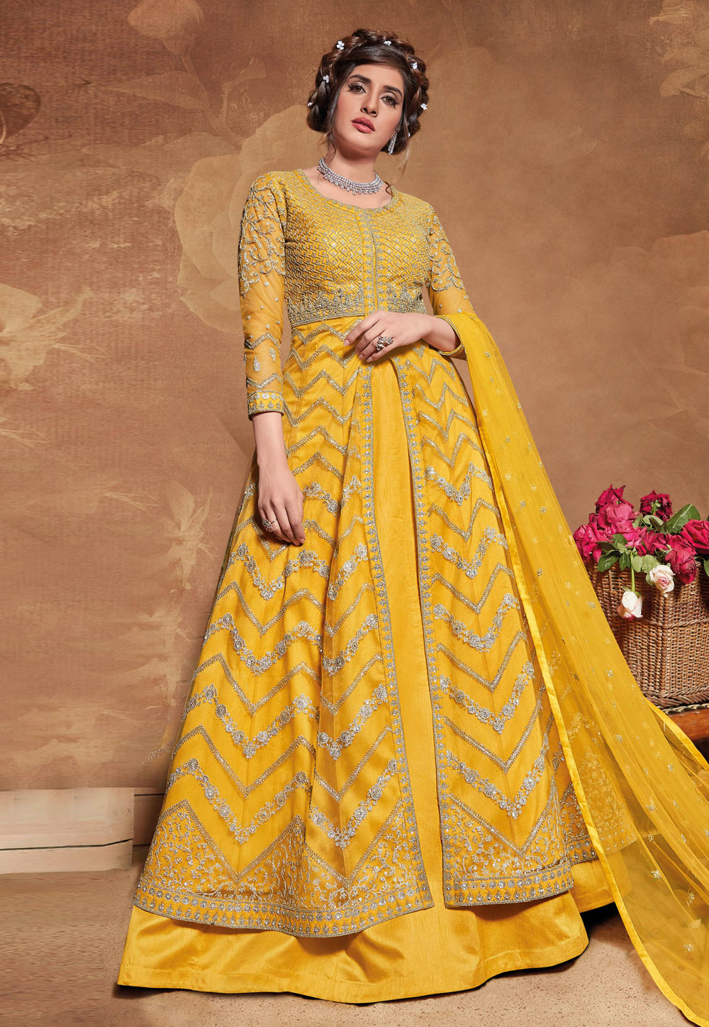 Yellow Net Embroidered Jacket Style Anarkali Suit 221710